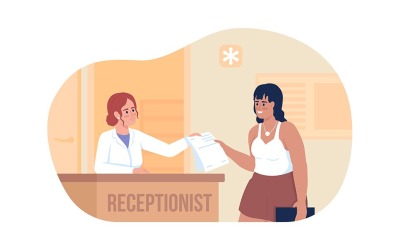 Ilustração isolada em vetor 2D de mulher e recepcionista de hospital