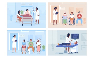 Lékař a pacienti v nemocnici ploché barevné vektorové ilustrace sada
