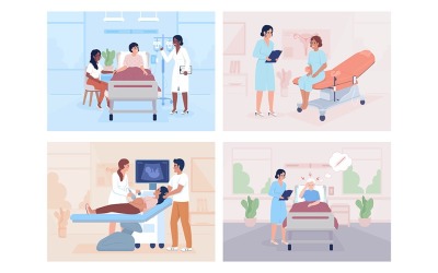 Обследование пациентов в больничных плоских цветных векторных иллюстрациях