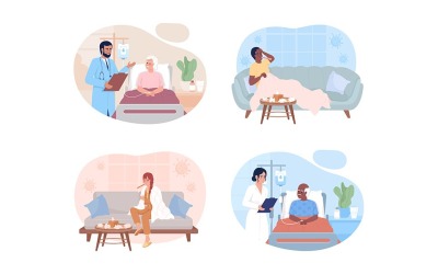 Sjukhus och inhemsk behandling 2D vektor isolerade illustrationer set