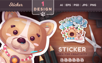 Sticker Dog With Collar | Cartoon Character PNG