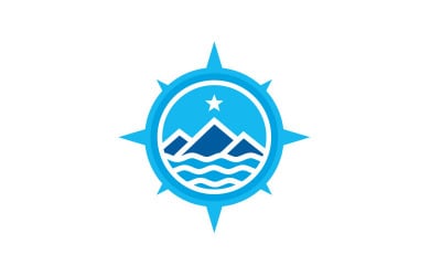 Aventura de montaña con brújula y mar, plantilla de logotipo de viaje