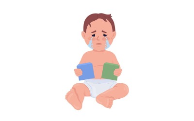Crying baby with toy blocks semi flat color vector character