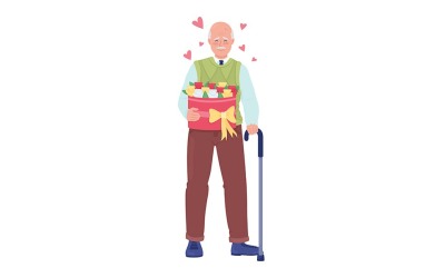 Glücklicher älterer Mann mit Blumen und Stock, halbflacher Farbvektorcharakter