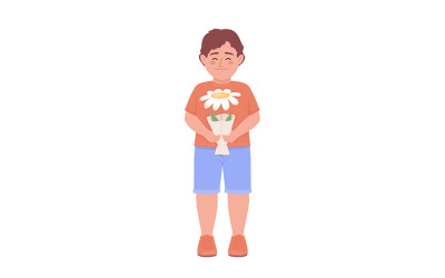 Menino feliz com personagem de vetor de cor semi plana de flor