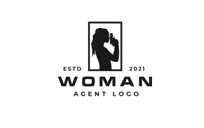 Mulher de silhueta segurando uma arma, modelo de design de logotipo de agente espião