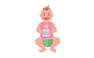 Bambina gioiosa con caratteri vettoriali a colori semi piatti a cubetti