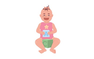 Fröhliches Babymädchen mit Würfeln, halbflachem Farbvektorcharakter