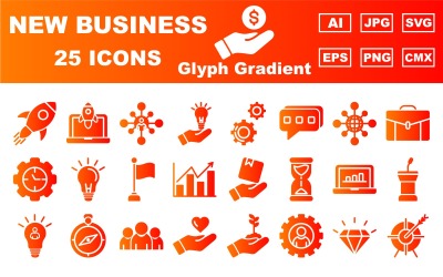 Paquete de 25 iconos degradados de glifos de nuevos negocios premium