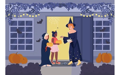 Gyermekek trükk vagy bánásmód a Halloween lapos színes vektoros illusztráció