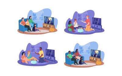 Kijken naar enge films 2D vector geïsoleerde illustraties set