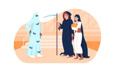 Unga människor som bär Halloween kostymer 2D vektor isolerad illustration