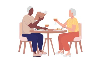 Bejaard echtpaar aan het diner samen semi-egale kleur vectorkarakters