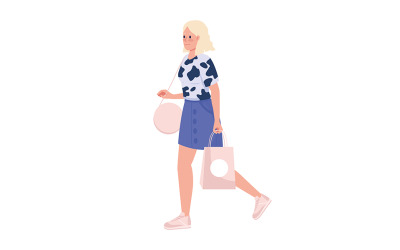 Dame blonde élégante avec personnage de vecteur de couleur semi-plat rose sac à provisions