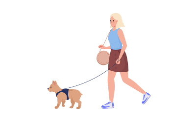 Jeune femme promenant un petit chien sur des personnages vectoriels de couleur semi-plate de rue
