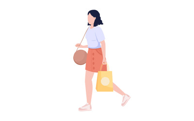 Jeune jolie femme avec caractère de vecteur de couleur semi-plat sac à provisions boutique