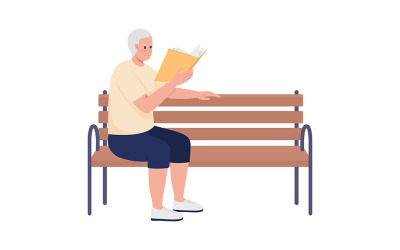 Männlicher Rentner, der ein Buch liest und auf einer Bank sitzt, halbflacher Farbvektorcharakter