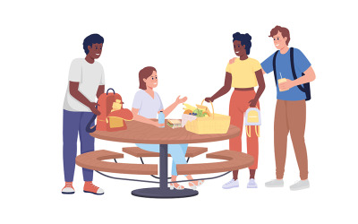 Vrienden ontmoeten elkaar voor picknick semi-egale kleur vectorkarakters