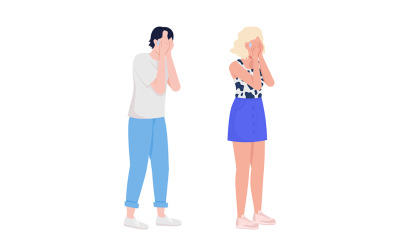 Crying and scared people semi flat color vector characters set