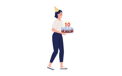 带生日蛋糕半平面彩色矢量字符的女士