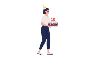 Dama con pastel de cumpleaños carácter vectorial de color semiplano