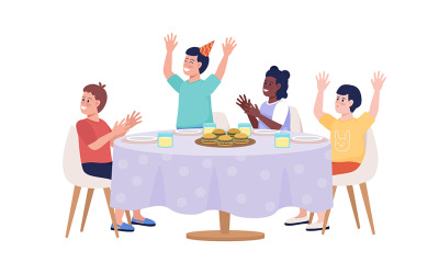 Enfants heureux à la table à manger personnages vectoriels de couleur semi-plat