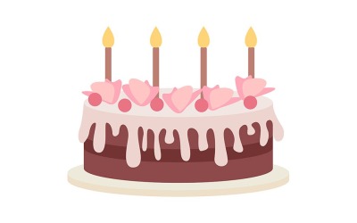 Gâteau d&amp;#39;anniversaire avec décorations objet vectoriel de couleur semi-plat