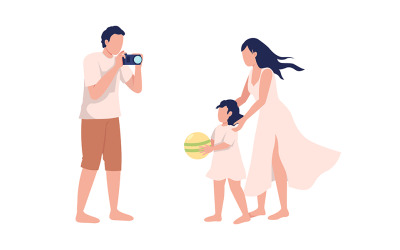 Kızı ve karısı yarı düz renk vektör karakterlerinin fotoğrafını çeken adam