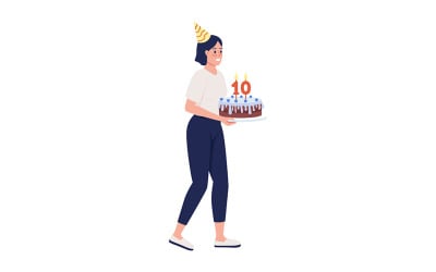 Lady with birthday cake semi flat color vector character