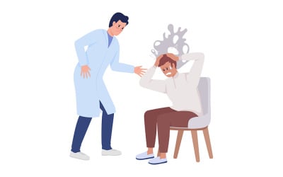 Le médecin aide les caractères vectoriels de couleur semi-plats du patient