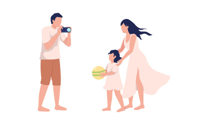 Man taking picture of daughter and wife semi flat color vector characters