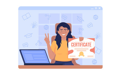 Uśmiechnięta dziewczyna trzyma certyfikat 2D na białym tle ilustracji wektorowych