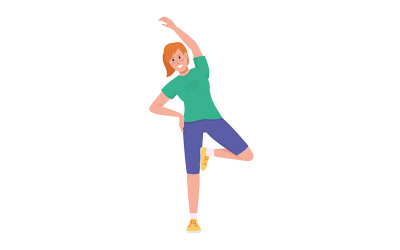 Chica feliz estirando el carácter de vector de color semi plano