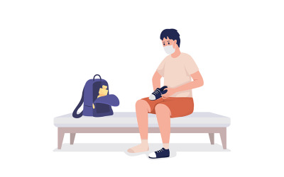 Élève se préparant pour le caractère vectoriel de couleur semi-plat de gym