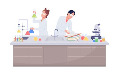 Students doing chemical experiment semi flat color vector characters