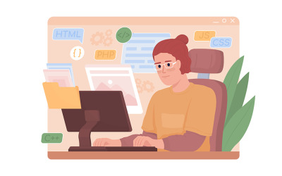 Web designer makes portfolio 2D vector isolated illustration