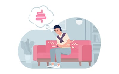 Hombre que sufre de dolor abdominal en casa 2D vector ilustración aislada