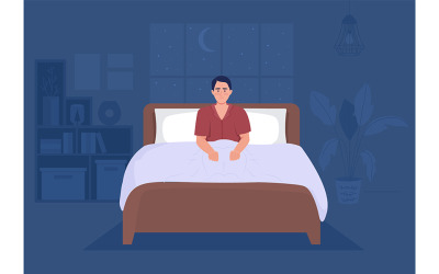 Man die lijdt aan slapeloosheid in slaapkamer egale kleur vectorillustratie