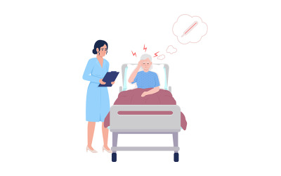 Médecin prenant soin d&amp;#39;un patient souffrant de fièvre caractères vectoriels de couleur semi-plat