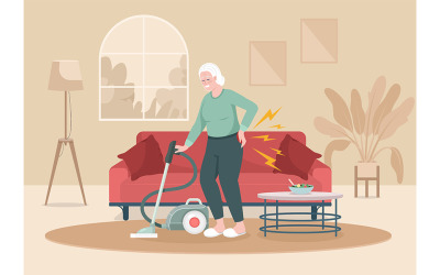 Mulher idosa com dor nas costas, limpando a casa, ilustração vetorial de cor plana