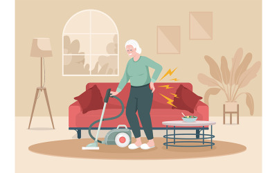 Senior kvinna med ryggont rengöring hus platt färg vektorillustration