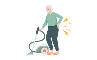 Senior kvinna med ryggsmärta medan dammsugare semi platt färg vektor karaktär