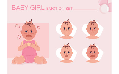 Arg baby flicka semi platt färg karaktär känslor set