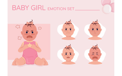 Boze babymeisje semi-egale kleur karakter emoties set