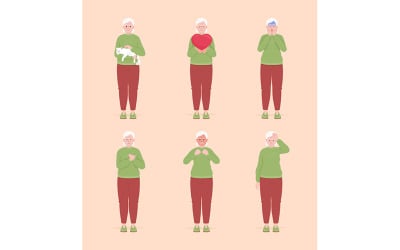 Conjunto de caracteres vectoriales de color semiplano para mujeres mayores con diferentes estados de ánimo