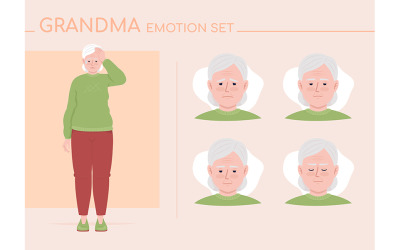 Conjunto de emociones de carácter de color semi plano de anciana preocupada