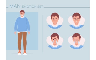 Conjunto de emociones de carácter de color semi plano de hombre joven infeliz