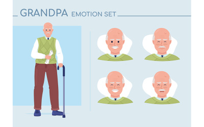 Conjunto de emociones de carácter de color semiplano de abuelo alegre