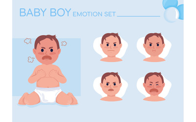 Conjunto de emociones de carácter de color semiplano de bebé enojado gritando