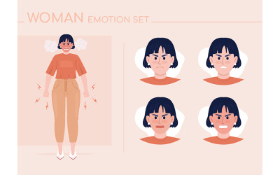 Conjunto de emociones de carácter de color semiplano de mujer joven enojada